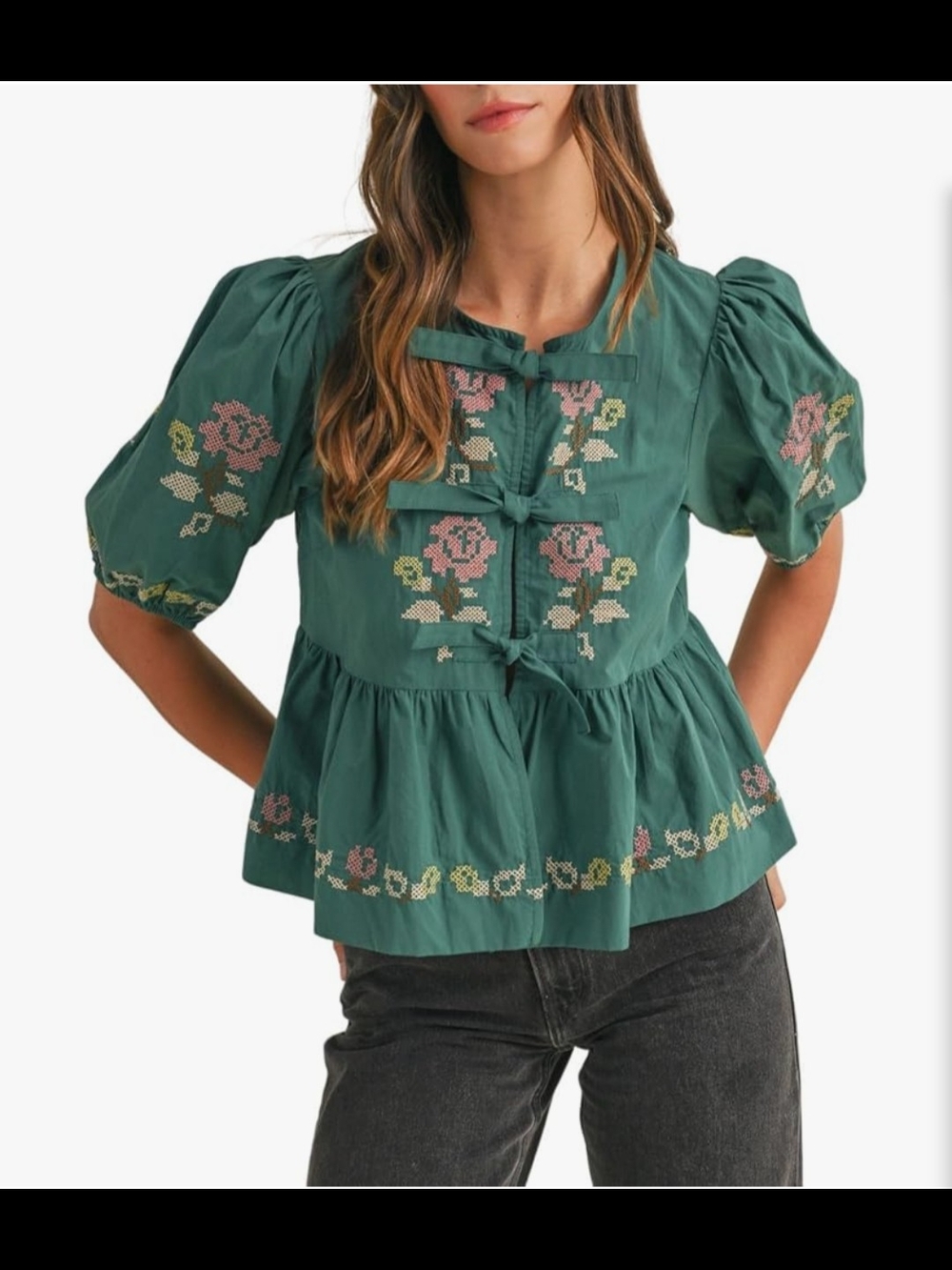 Green Floral Embroidered Peplum Top